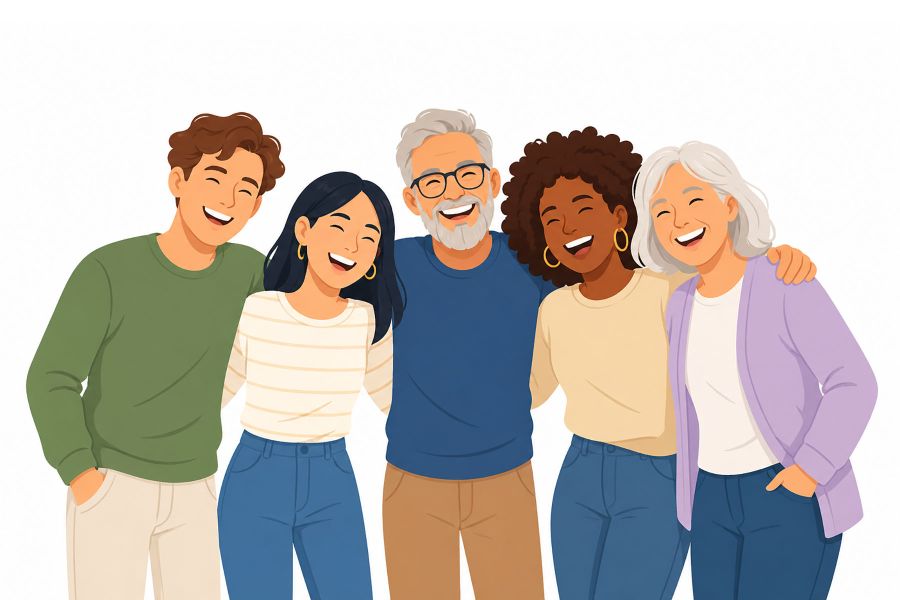 Grafik mit fünf lachenden Menschen, drei Frauen und Männer, unterschiedlichen Alters