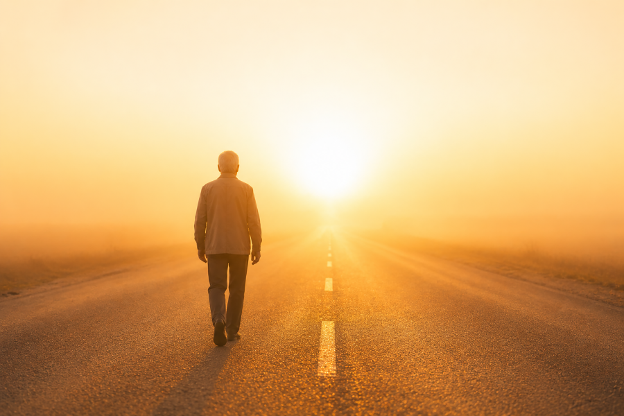 Mann läuft auf Straße Richtung Sonnenuntergang