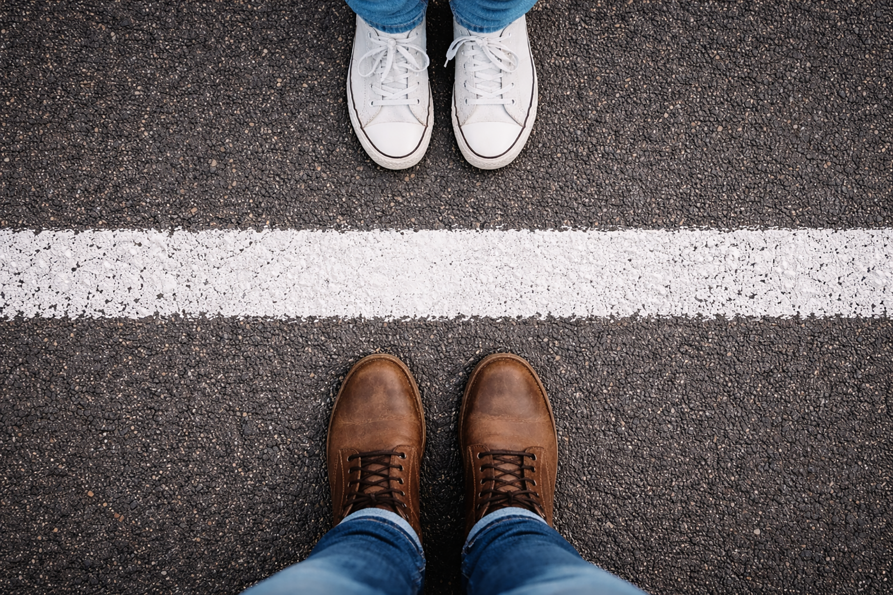 Sich gegenüberstehende Schuhpaare durch eine weiße Linie getrennt